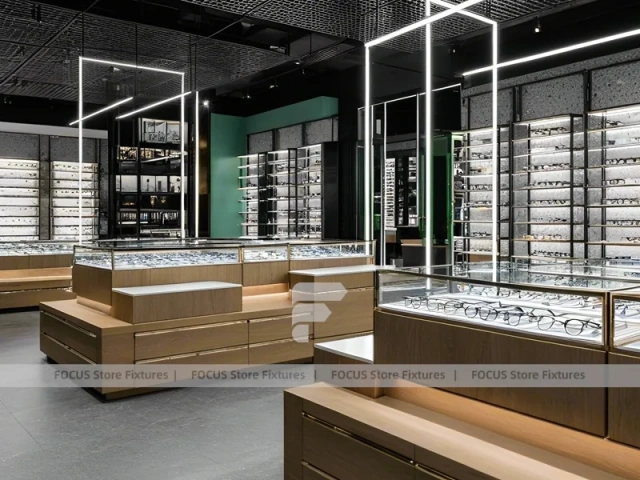 Woodgrain Optical Statement Boutique with Chandelier-Lit Island