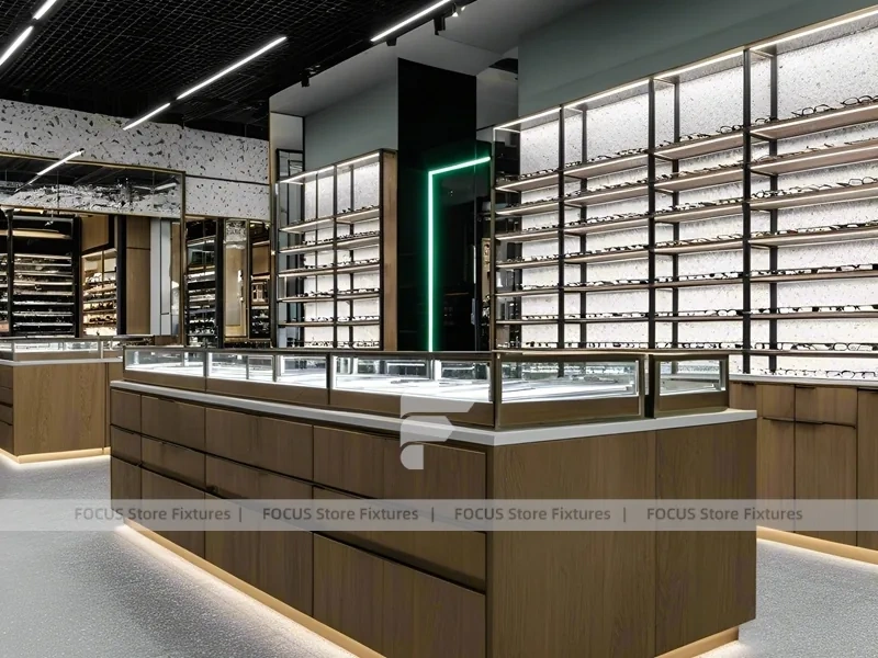 Woodgrain Optical Statement Boutique with Chandelier-Lit Island