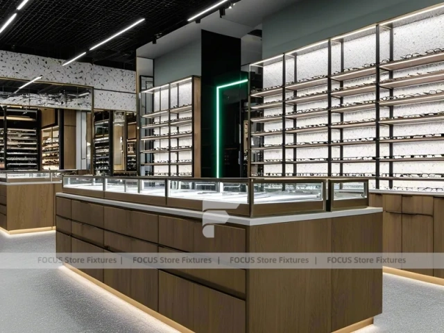 Woodgrain Optical Statement Boutique with Chandelier-Lit Island
