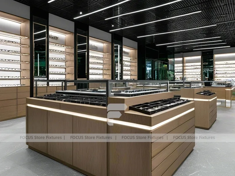 Woodgrain Optical Statement Boutique with Chandelier-Lit Island