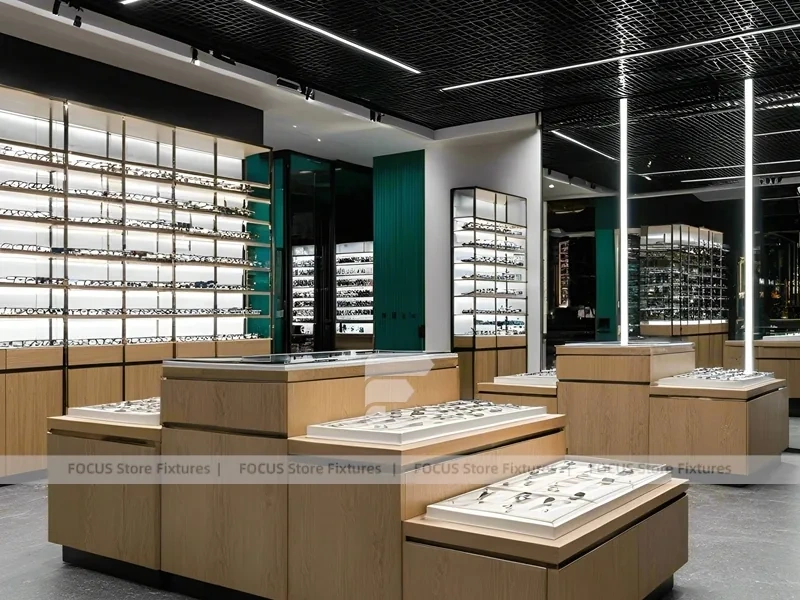 Woodgrain Optical Statement Boutique with Chandelier-Lit Island