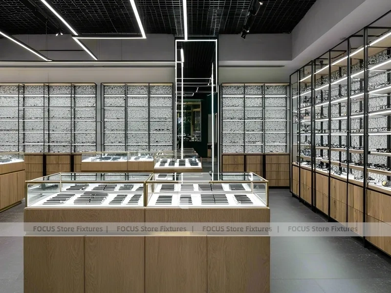 Woodgrain Optical Statement Boutique with Chandelier-Lit Island