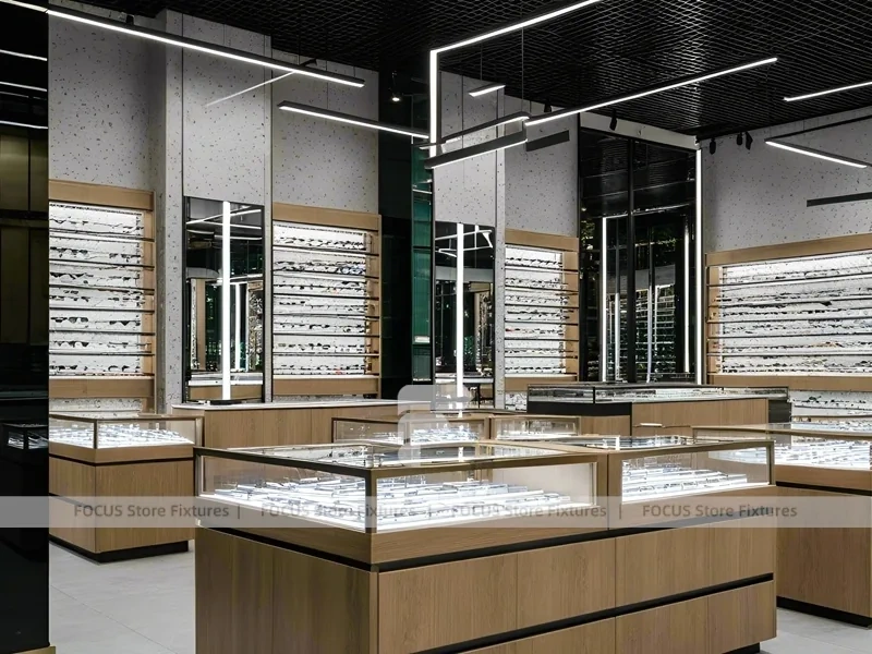 Woodgrain Optical Statement Boutique with Chandelier-Lit Island
