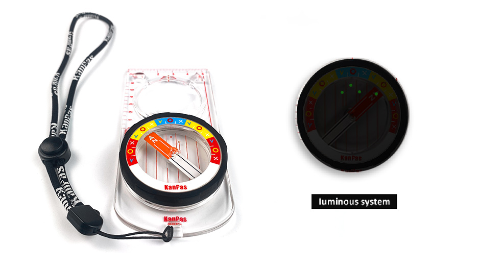 Compass with luminous markings for night orienteering and low-light racing.