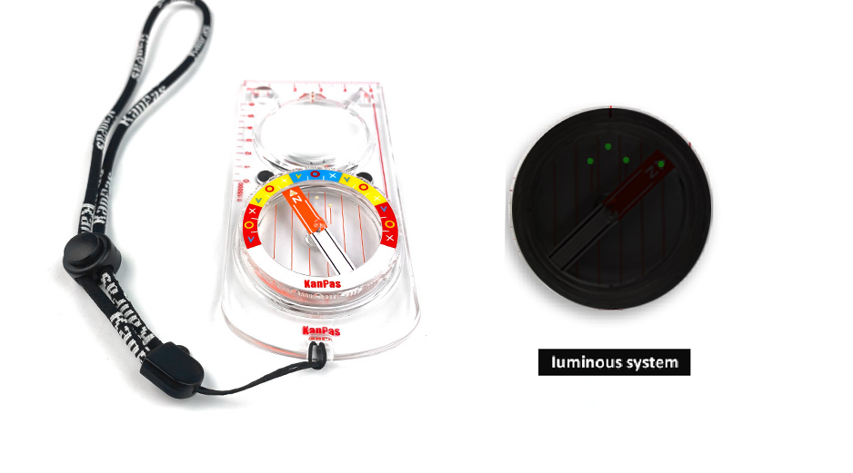 Compass with luminous markings for night orienteering and low-light racing.