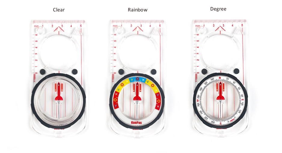 Direction-of-travel arrow on a transparent orienteering baseplate.
