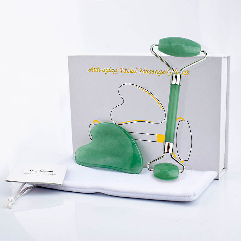 Beauty Salon Facial Personal Skin Care Handheld Massage Tool Rose Quartz Jade Roller Set