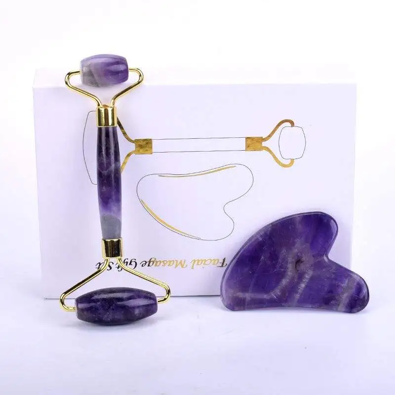 Beauty Salon Facial Personal Skin Care Handheld Massage Tool Rose Quartz Jade Roller Set