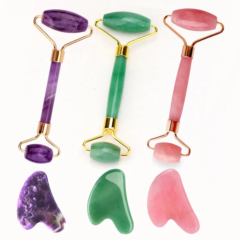 Beauty Salon Facial Personal Skin Care Handheld Massage Tool Rose Quartz Jade Roller Set