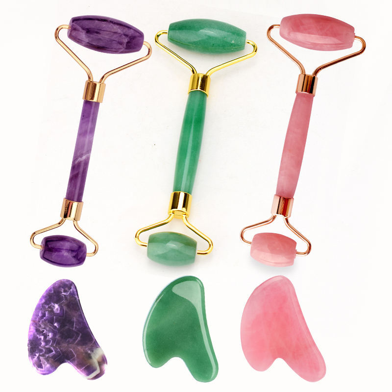 Beauty Salon Facial Personal Skin Care Handheld Massage Tool Rose Quartz Jade Roller Set