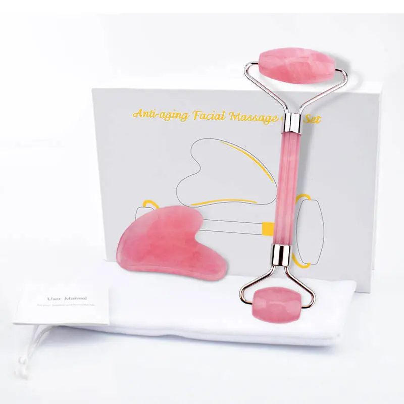 Beauty Salon Facial Personal Skin Care Handheld Massage Tool Rose Quartz Jade Roller Set