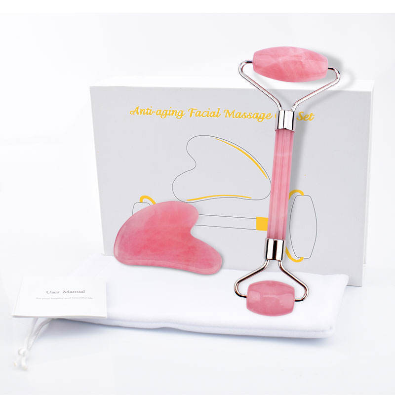 Beauty Salon Facial Personal Skin Care Handheld Massage Tool Rose Quartz Jade Roller Set