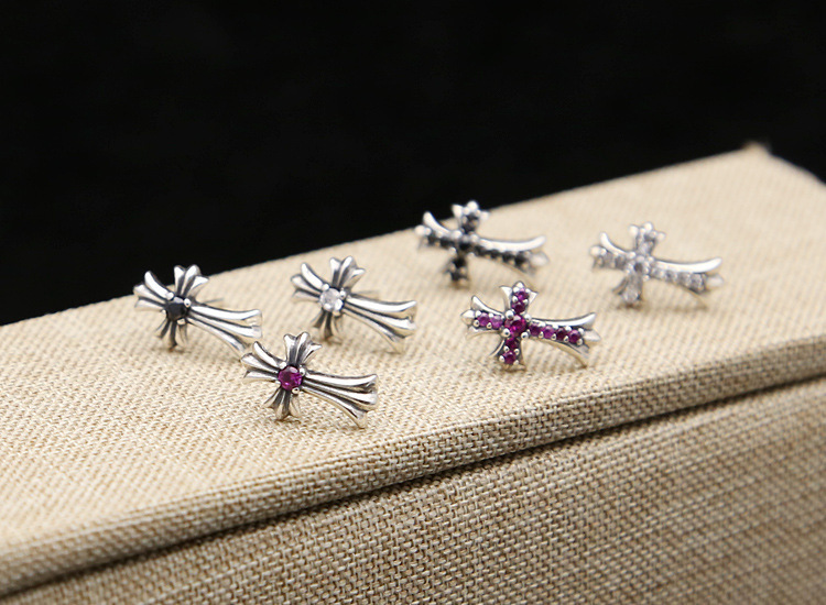 Cross Stud 925 Sterling Silver Earrings Paved Setting Red Black White Stones hand-made designer vintage luxury jewelry accessories gift