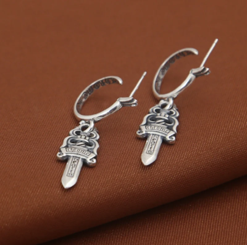 925 sterling silver handmade vintage dangle post earrings American European antique silver designer sword dangle earrings punk style luxury jewelry gift