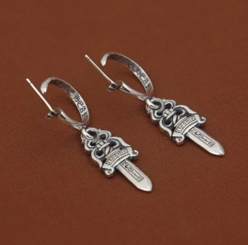 925 sterling silver handmade vintage dangle post earrings American European antique silver designer sword dangle earrings punk style luxury jewelry gift