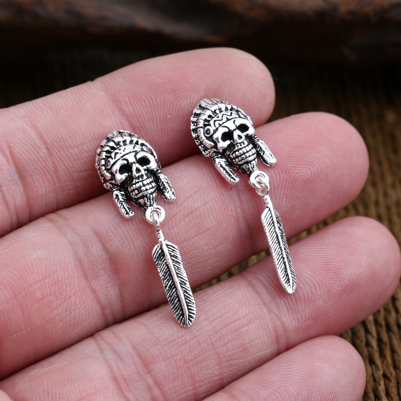 925 sterling silver handmade vintage dangle post earrings American European antique silver designer sull with feather dangle earrings punk style luxury jewelry gifts