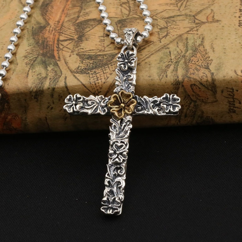 Flowers Cross Pendant Necklaces 925 Sterling Silver Ball chain Vintage Gothic Punk Hip-hop fashion Timeless Jewelry Accessories Gifts For Men Women 50 55 60 65 cm