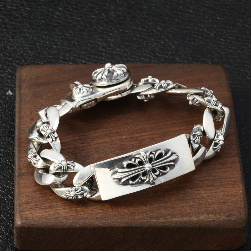 925 sterling silver handmade vintage bracelets American European antique silver designer jewelry crosses men's thick bracelets stylish fashionable punk style