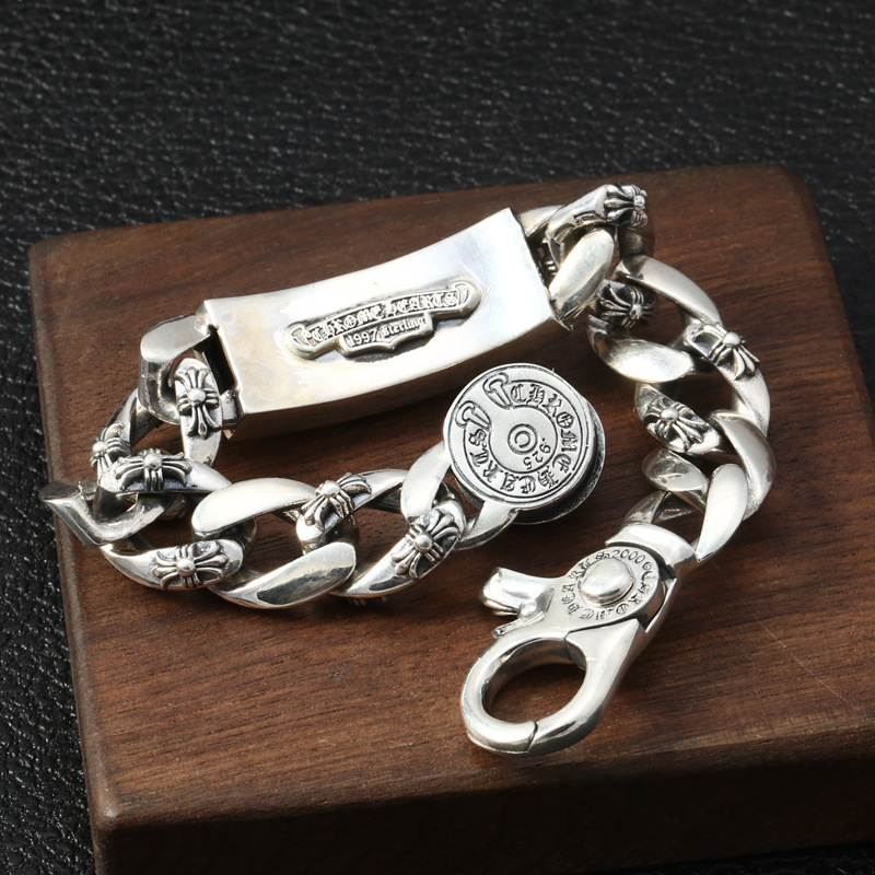 925 sterling silver handmade vintage bracelets American European antique silver designer jewelry crosses men's thick bracelets stylish fashionable punk style