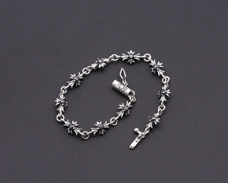 925 sterling silver handmade vintage bracelets American European antique silver designer jewelry crosses link chain charm  bracelets with stones stylish fashionable punk style