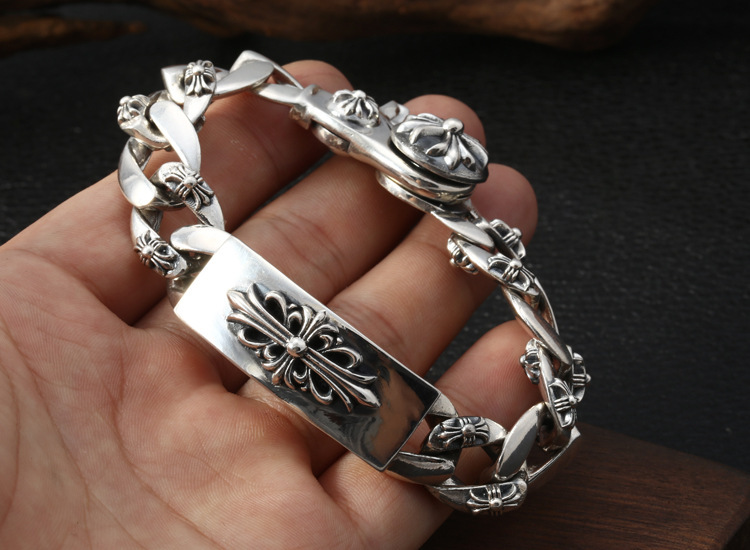 925 sterling silver handmade vintage bracelets American European antique silver designer jewelry crosses men's thick bracelets stylish fashionable punk style