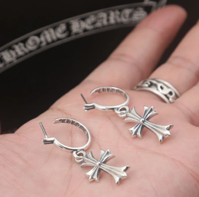 925 sterling silver handmade vintage dangle post earrings American European antique silver designer cross dangle earrings punk style luxury jewelry gift s