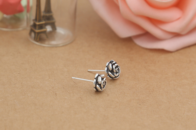 925 sterling silver handmade vintage stud post earrings American European antique silver designer rose flower earrings nice gifts