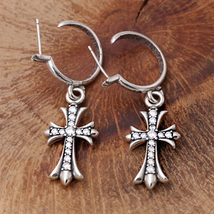 925 sterling silver handmade vintage dangle post earrings American European antique silver designer cross dangle earrings punk style luxury jewelry gift s