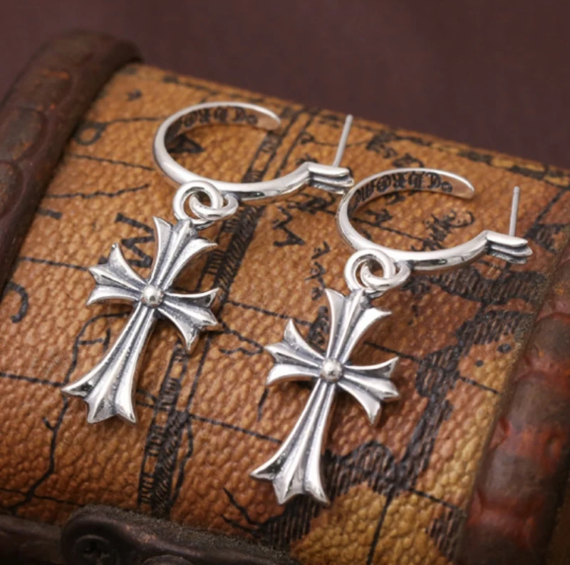 925 sterling silver handmade vintage dangle post earrings American European antique silver designer cross dangle earrings punk style luxury jewelry gift s