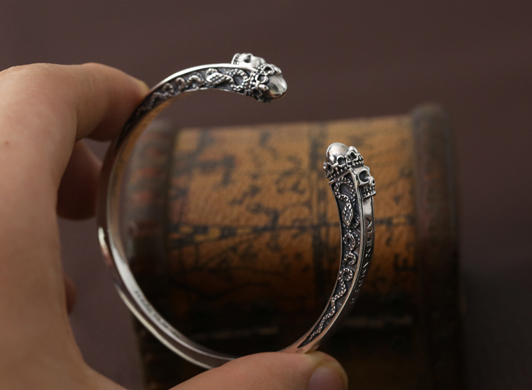 925 sterling silver handmade skull vintage bangles American European antique silver designer jewelry adjustable open bangles bracelets
