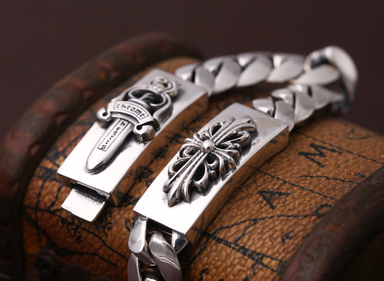 925 sterling silver handmade vintage bracelets American European antique silver designer crosses sword men's thick bracelets stylish fashionable punk style