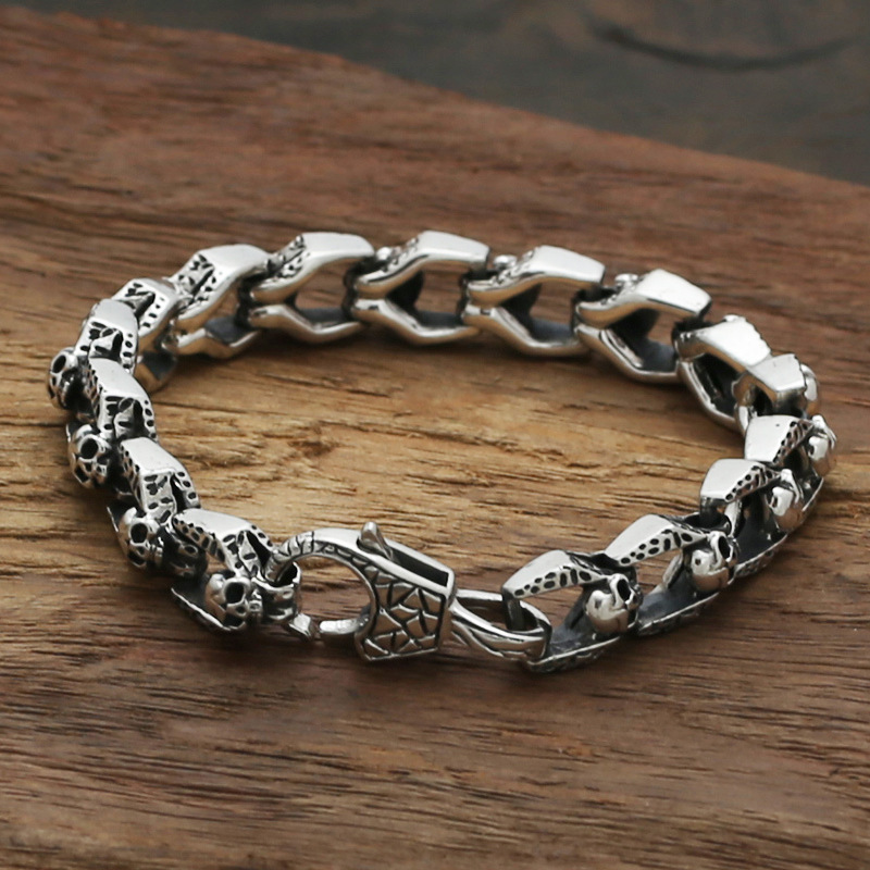 925 sterling silver handmade vintage bracelets American European antique silver designer skull skeleton men's thick bracelets stylish fashionable punk style