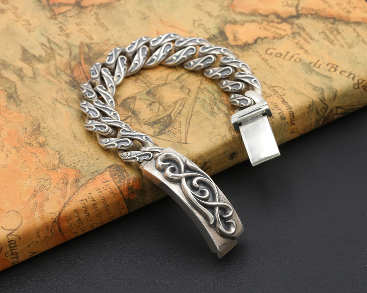 925 sterling silver handmade vintage bracelets American European antique silver designer scroll men's thick bracelets stylish fashionable punk style