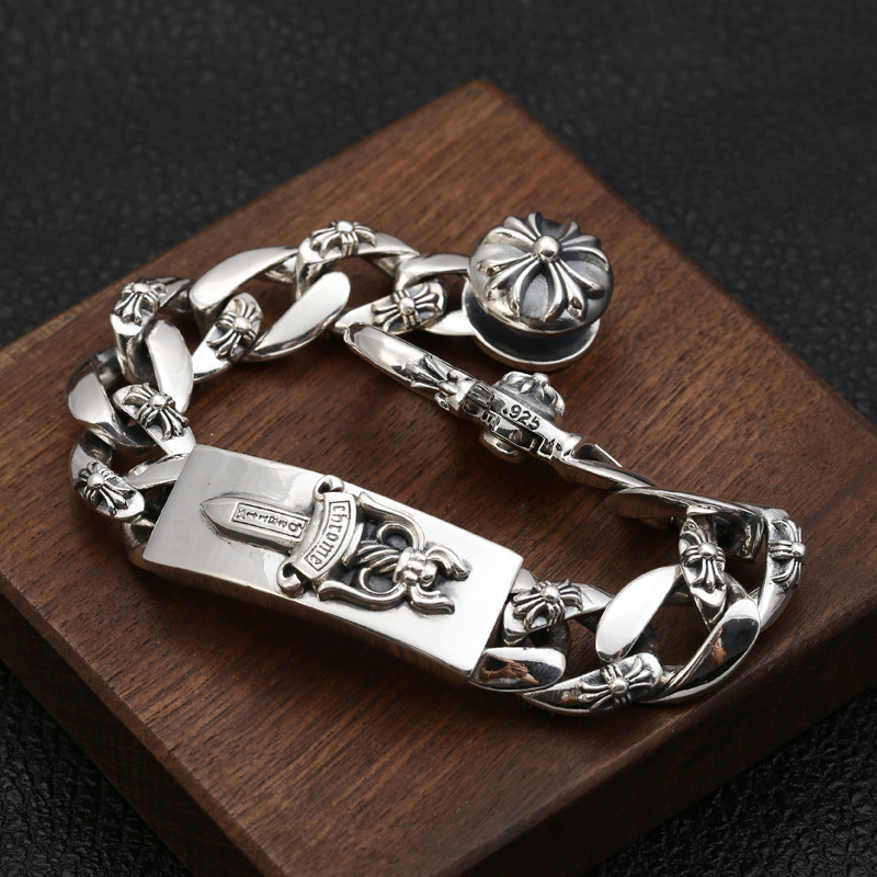 925 sterling silver handmade vintage bracelets American European antique silver designer crosses men's thick bracelets stylish fashionable punk style