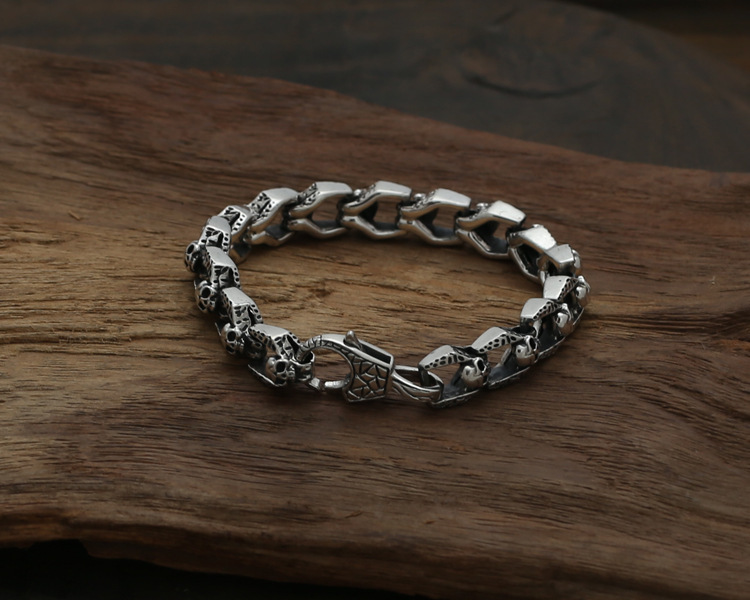 925 sterling silver handmade vintage bracelets American European antique silver designer skull skeleton men's thick bracelets stylish fashionable punk style