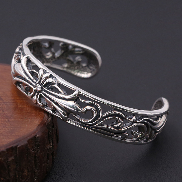 Cross Scroll Hollowed-out Bangle Bracelet 925 Sterling Silver Gothic Punk Vintage Handmade Cuff Bracelets Jewelry Accessories Gifts For Women 55 mm ID