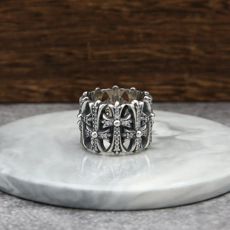 925 sterling silver crosses handmade vintage band rings with stones American European gothic punk style antique silver designer jewelry men's women's rings