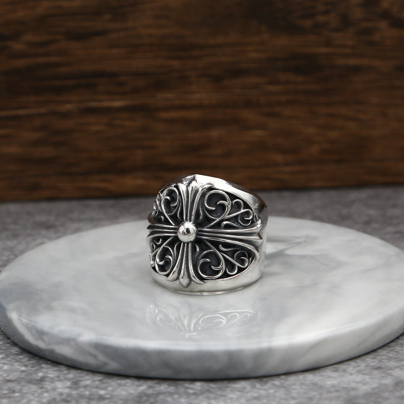 Crosses Floral Band Rings Large 925 Sterling Silver Gothic Punk Hip-Hop Vintage Antique Handmade Designer Jewelry Accessories Gifts
