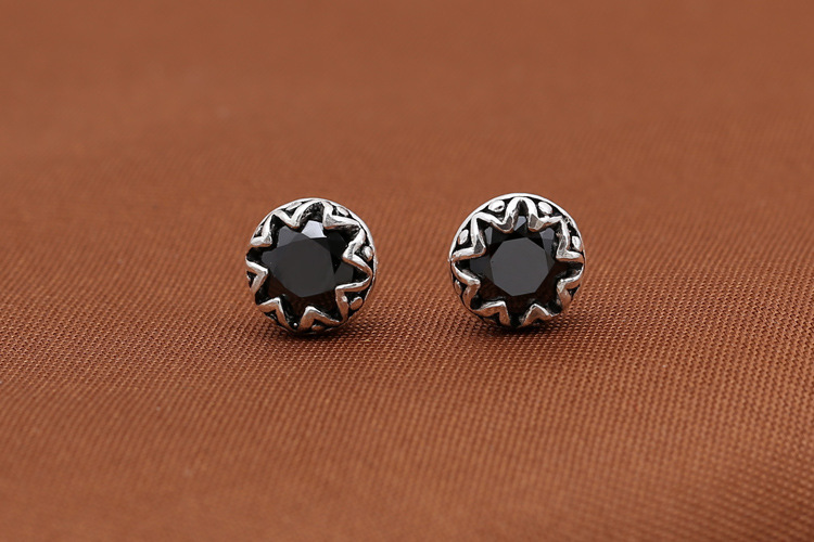 925 sterling silver handmade vintage stud earrings with black stones American European gothic punk style antique silver designer jewelry round stud earrings for women