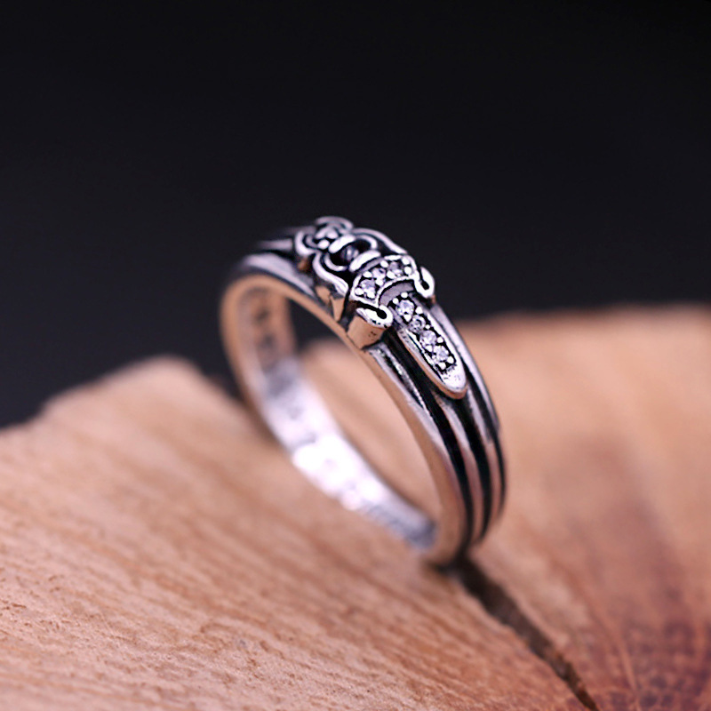 925 sterling silver handmade vintage band rings American European gothic punk style antique silver sword designer jewelry rings for men and women