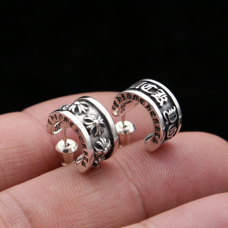 925 sterling silver handmade vintage C type stud earrings American European gothic punk style antique silver designer jewelry crosses post earrings for women