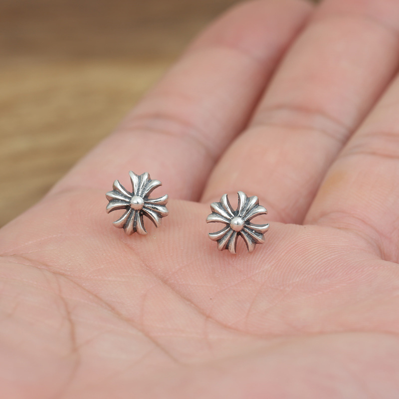 925 sterling silver handmade vintage stud earrings American European gothic punk style antique silver designer jewelry crosses post earrings for women