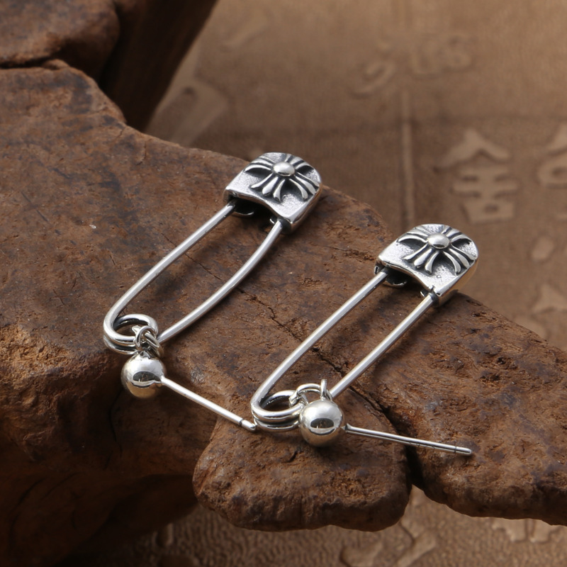 925 sterling silver handmade vintage dangle earrings American European gothic punk style antique silver designer jewelry crosses safety pin earrings for women