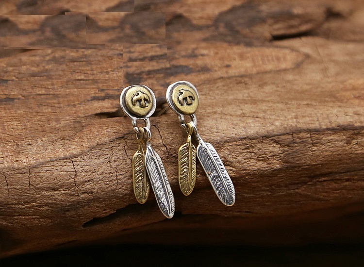 925 sterling silver handmade vintage feather dangle earrings American European gothic punk style antique silver designer jewelry postl earrings for women