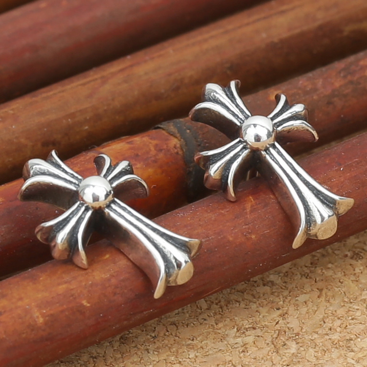 925 sterling silver handmade vintage stud earrings American European gothic punk style antique silver designer jewelry crosses earrings for women