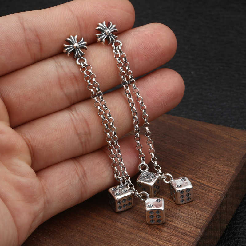 925 sterling silver handmade vintage dangle earrings American European gothic punk style antique silver designer jewelry crosses tassel earrings with cube dices for women