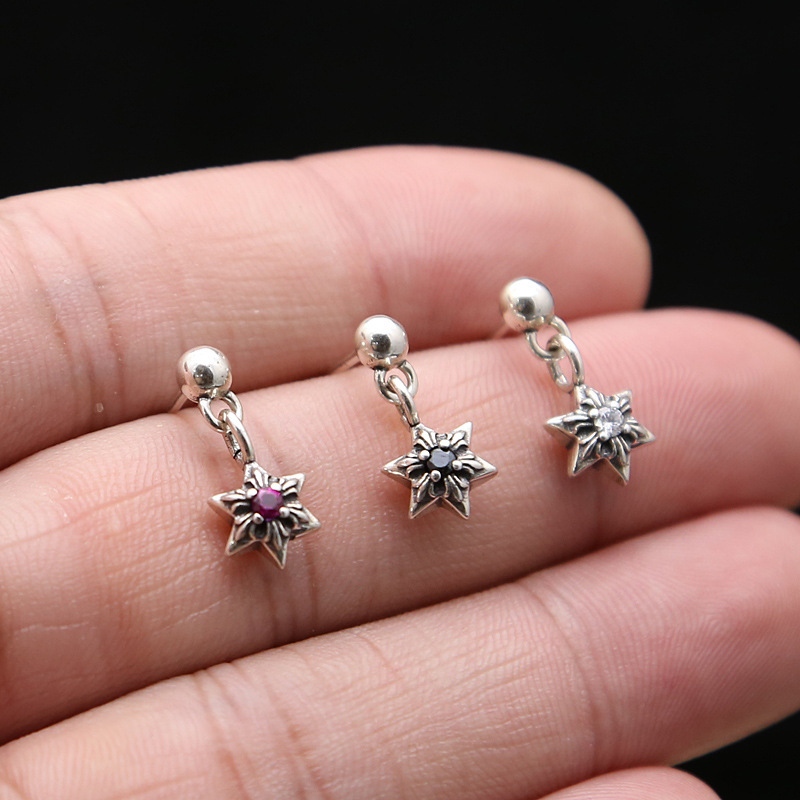 925 sterling silver handmade vintage stud earrings with stones American European gothic punk style antique silver designer jewelry six-pointed stars earrings for women