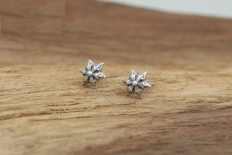 925 sterling silver handmade vintage stud earrings American European gothic punk style antique silver designer jewelry six-pointed stars earrings for women