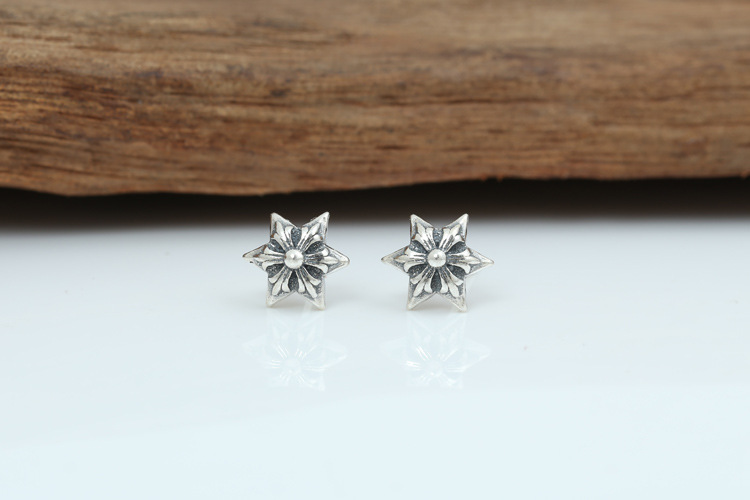 925 sterling silver handmade vintage stud earrings American European gothic punk style antique silver designer jewelry six-pointed stars earrings for women