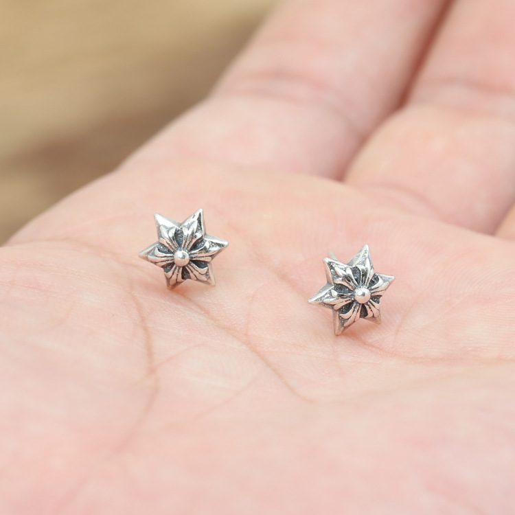 925 sterling silver handmade vintage stud earrings American European gothic punk style antique silver designer jewelry six-pointed stars earrings for women